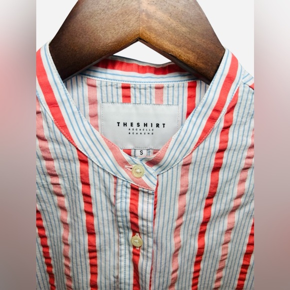 The Shirt by Rochelle Behrens Coral Blue Striped Button-Up Blouse Top Size Small - Picture 12 of 12